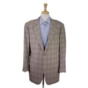 Armani Collezioni Mens Tan Brown Gray Plaid Wool 1-Btn Sportcoat Blazer 42L
